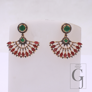 Natural Emerald And Ruby With Pave Diamonds, Gold Plated 925 Sterling Silver Handmade Jewelry Gift For Her