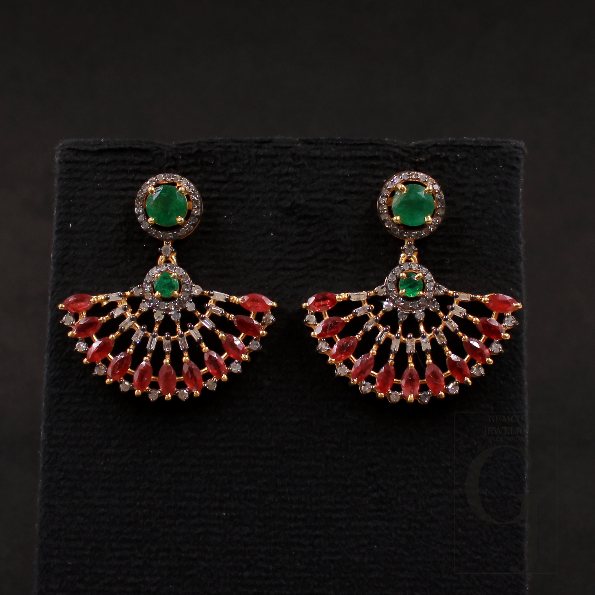 Natural Emerald And Ruby With Pave Diamonds, Gold Plated 925 Sterling Silver Handmade Jewelry Gift For Her