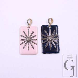 Enamel Starburst Pendant With Pave Diamonds, Vermeil Gold 925 Sterling Silver Handmade Finish Pendant Gift For Her