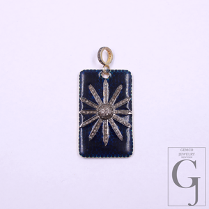 Enamel Starburst Pendant With Pave Diamonds, Vermeil Gold 925 Sterling Silver Handmade Finish Pendant Gift For Her