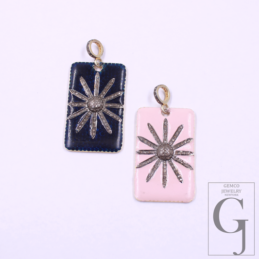 Enamel Starburst Pendant With Pave Diamonds, Vermeil Gold 925 Sterling Silver Handmade Finish Pendant Gift For Her