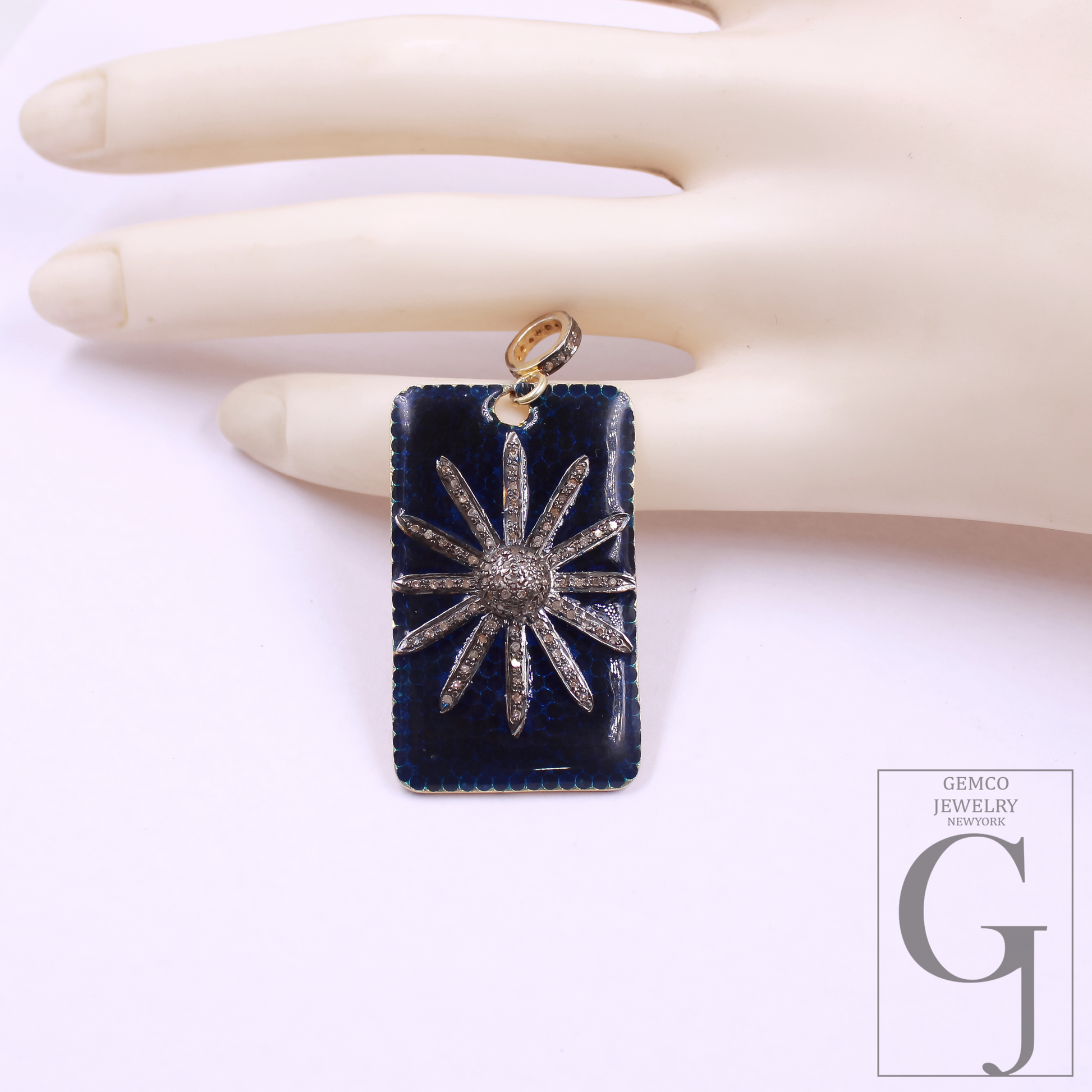 Enamel Starburst Pendant With Pave Diamonds, Vermeil Gold 925 Sterling Silver Handmade Finish Pendant Gift For Her