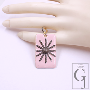 Enamel Starburst Pendant With Pave Diamonds, Vermeil Gold 925 Sterling Silver Handmade Finish Pendant Gift For Her