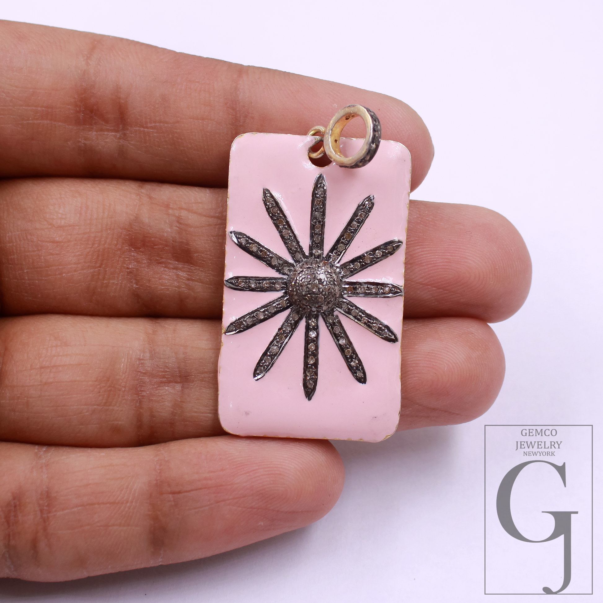 Enamel Starburst Pendant With Pave Diamonds, Vermeil Gold 925 Sterling Silver Handmade Finish Pendant Gift For Her