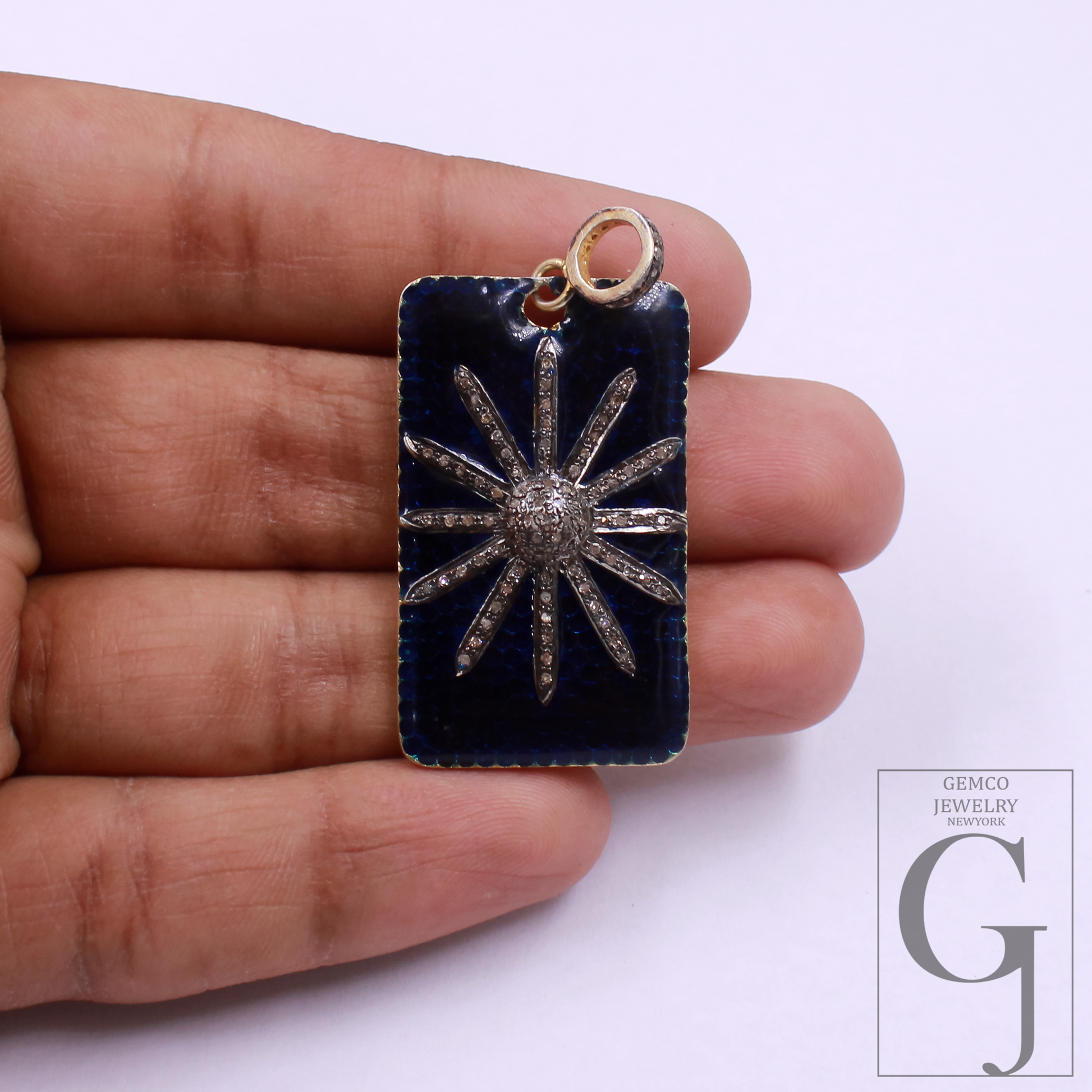 Enamel Starburst Pendant With Pave Diamonds, Vermeil Gold 925 Sterling Silver Handmade Finish Pendant Gift For Her