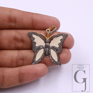 Beautiful Butterfly Pendant With Pave Diamonds, Vermeil Gold In 925 Sterling Silver Handmade Jewelry Gift For Her