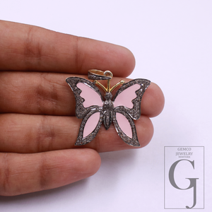 Beautiful Butterfly Pendant With Pave Diamonds, Vermeil Gold In 925 Sterling Silver Handmade Jewelry Gift For Her
