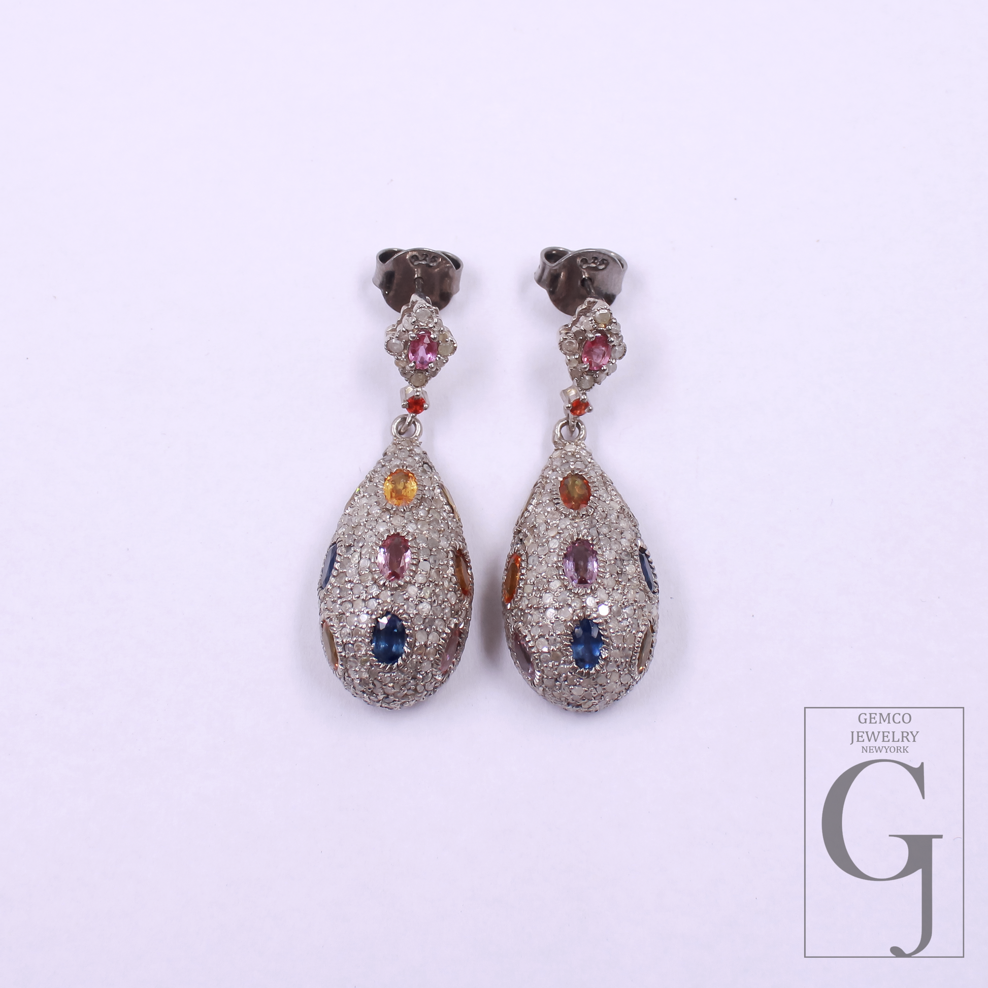 Natural Multi Sapphire Earrings With Pave Diamonds, 925 Sterling Silver Jewelry Gift For Her