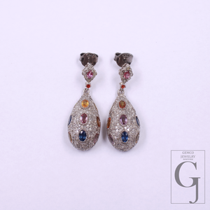 Natural Multi Sapphire Earrings With Pave Diamonds, 925 Sterling Silver Jewelry Gift For Her