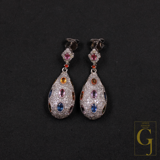 Natural Multi Sapphire Earrings With Pave Diamonds, 925 Sterling Silver Jewelry Gift For Her