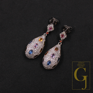 Natural Multi Sapphire Earrings With Pave Diamonds, 925 Sterling Silver Jewelry Gift For Her
