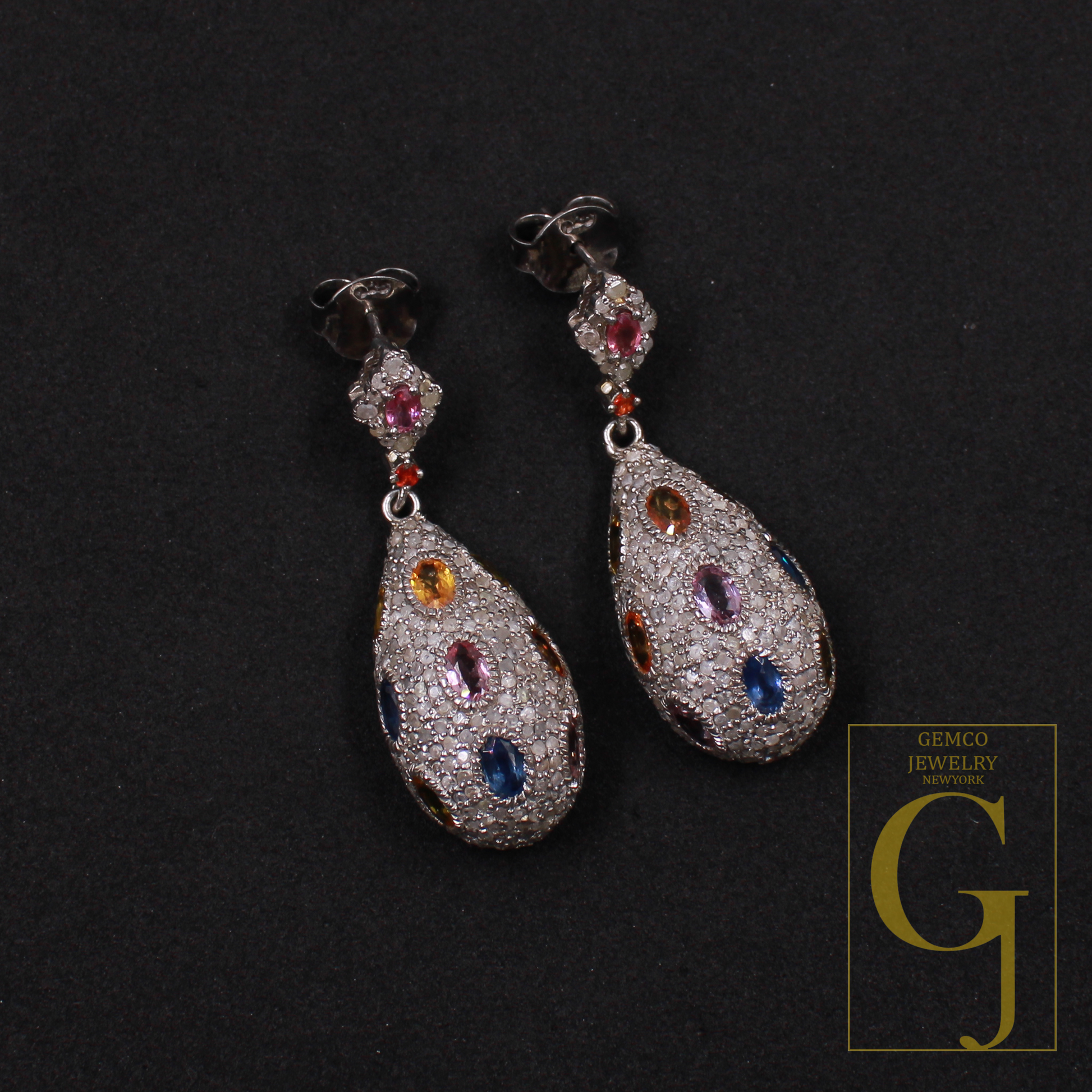 Natural Multi Sapphire Earrings With Pave Diamonds, 925 Sterling Silver Jewelry Gift For Her