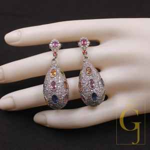 Natural Multi Sapphire Earrings With Pave Diamonds, 925 Sterling Silver Jewelry Gift For Her