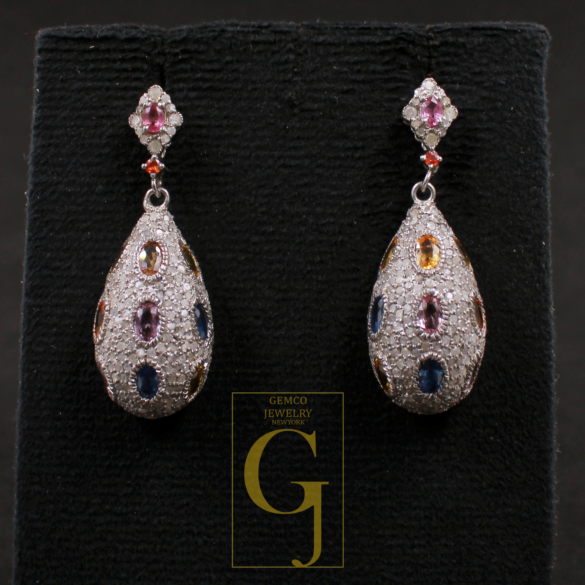 Natural Multi Sapphire Earrings With Pave Diamonds, 925 Sterling Silver Jewelry Gift For Her