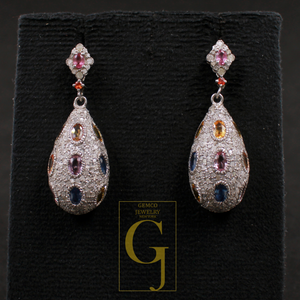 Natural Multi Sapphire Earrings With Pave Diamonds, 925 Sterling Silver Jewelry Gift For Her