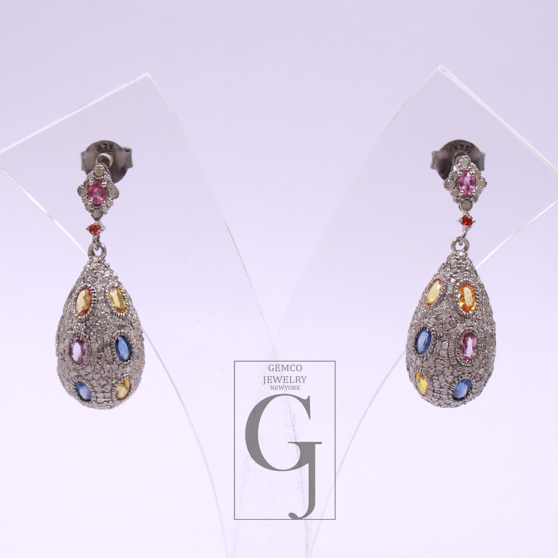 Natural Multi Sapphire Earrings With Pave Diamonds, 925 Sterling Silver Jewelry Gift For Her