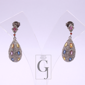 Natural Multi Sapphire Earrings With Pave Diamonds, 925 Sterling Silver Jewelry Gift For Her