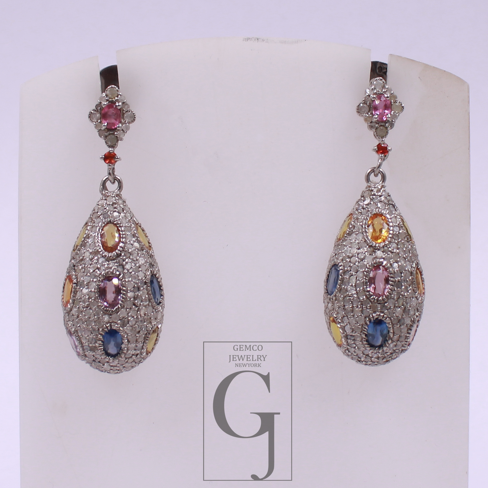 Natural Multi Sapphire Earrings With Pave Diamonds, 925 Sterling Silver Jewelry Gift For Her