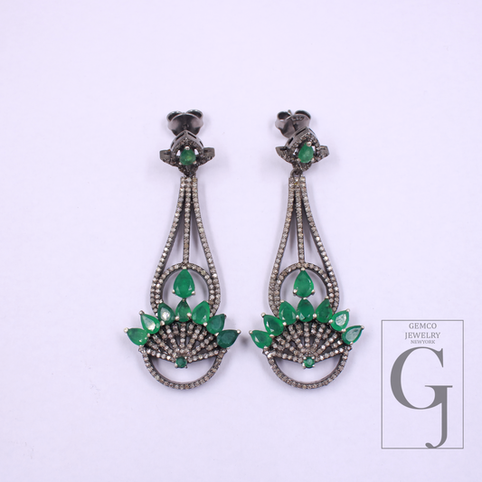 Natural Emerald Earrings With Pave Diamonds In 925 Sterling Silver Handmade Finish Jewelry For Wedding Gift