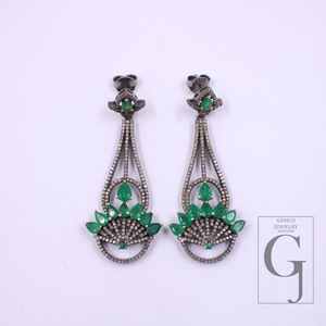 Natural Emerald Earrings With Pave Diamonds In 925 Sterling Silver Handmade Finish Jewelry For Wedding Gift