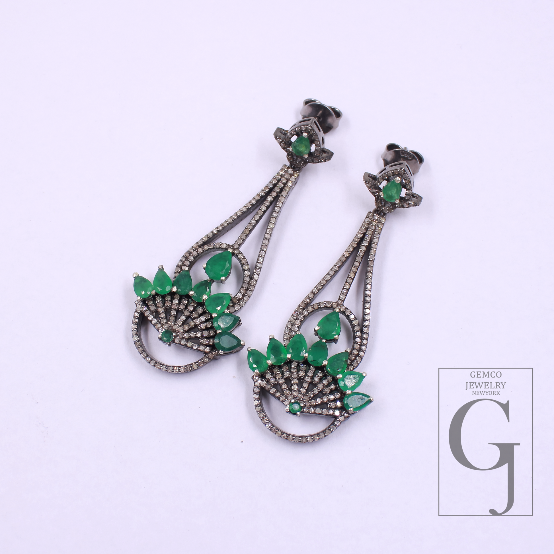 Natural Emerald Earrings With Pave Diamonds In 925 Sterling Silver Handmade Finish Jewelry For Wedding Gift