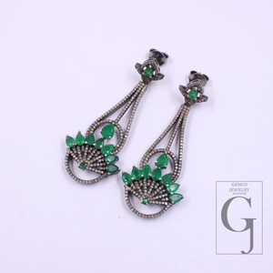 Natural Emerald Earrings With Pave Diamonds In 925 Sterling Silver Handmade Finish Jewelry For Wedding Gift
