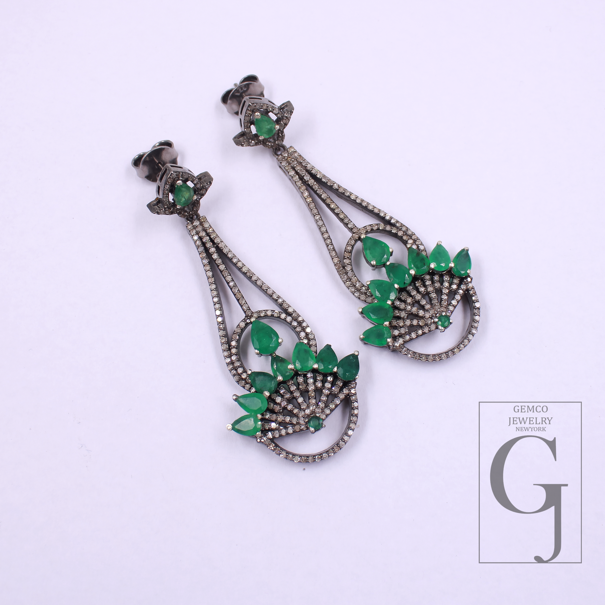 Natural Emerald Earrings With Pave Diamonds In 925 Sterling Silver Handmade Finish Jewelry For Wedding Gift