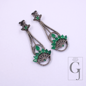 Natural Emerald Earrings With Pave Diamonds In 925 Sterling Silver Handmade Finish Jewelry For Wedding Gift