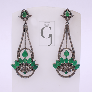 Natural Emerald Earrings With Pave Diamonds In 925 Sterling Silver Handmade Finish Jewelry For Wedding Gift