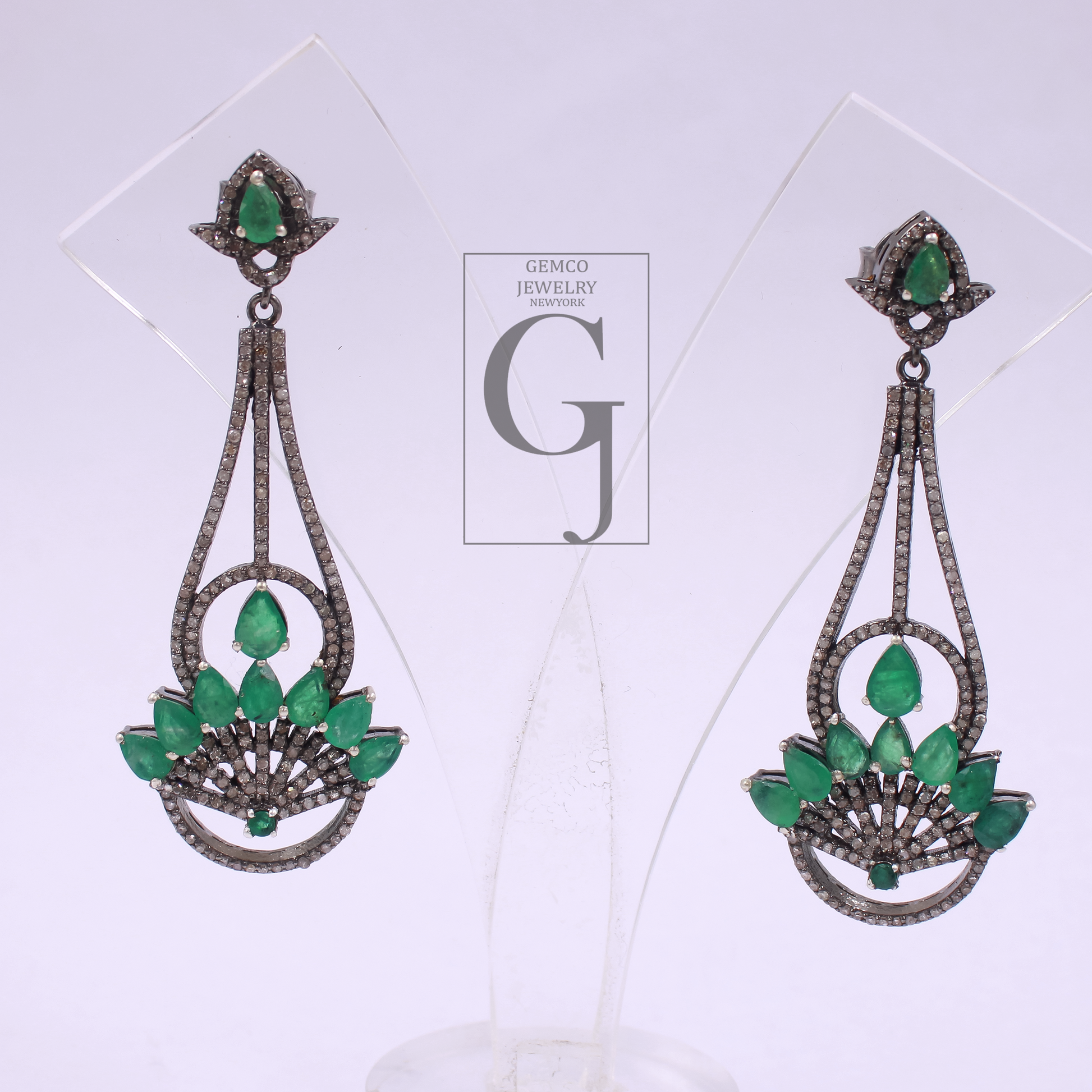 Natural Emerald Earrings With Pave Diamonds In 925 Sterling Silver Handmade Finish Jewelry For Wedding Gift