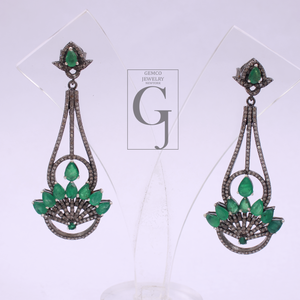 Natural Emerald Earrings With Pave Diamonds In 925 Sterling Silver Handmade Finish Jewelry For Wedding Gift
