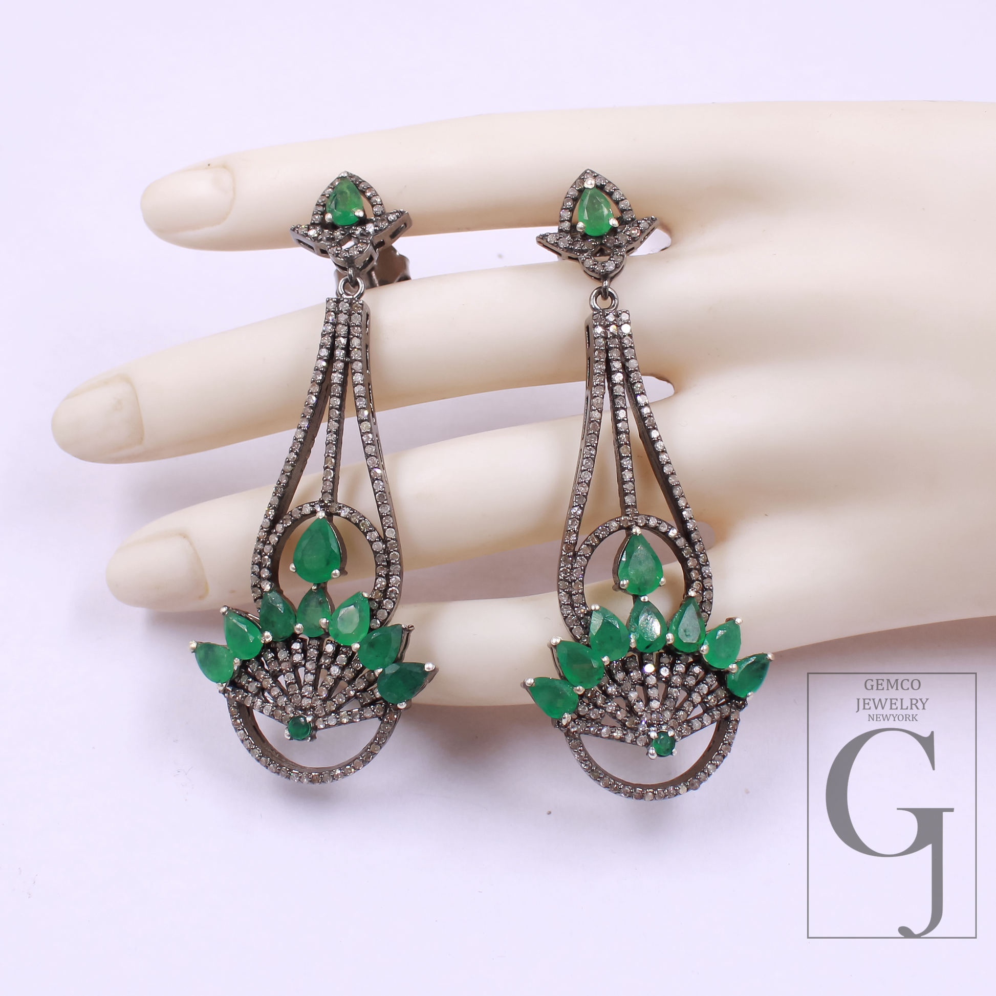 Natural Emerald Earrings With Pave Diamonds In 925 Sterling Silver Handmade Finish Jewelry For Wedding Gift
