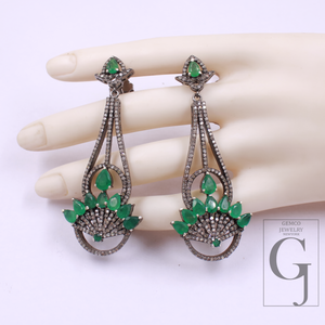 Natural Emerald Earrings With Pave Diamonds In 925 Sterling Silver Handmade Finish Jewelry For Wedding Gift