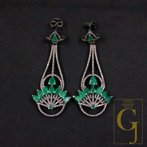 Natural Emerald Earrings With Pave Diamonds In 925 Sterling Silver Handmade Finish Jewelry For Wedding Gift