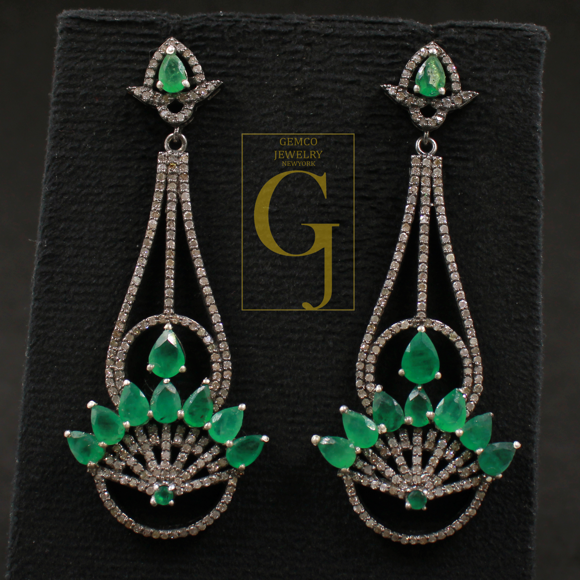 Natural Emerald Earrings With Pave Diamonds In 925 Sterling Silver Handmade Finish Jewelry For Wedding Gift