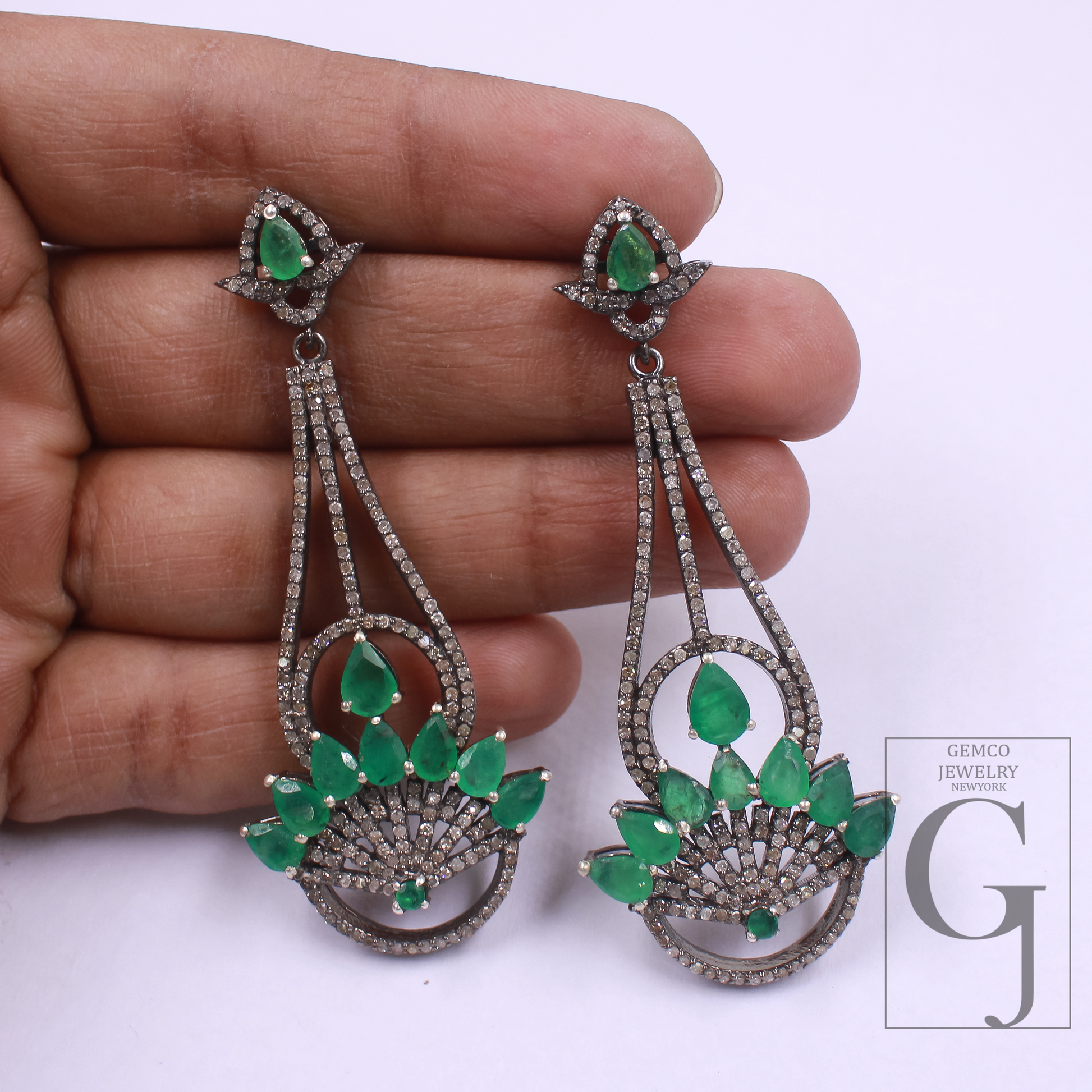 Natural Emerald Earrings With Pave Diamonds In 925 Sterling Silver Handmade Finish Jewelry For Wedding Gift