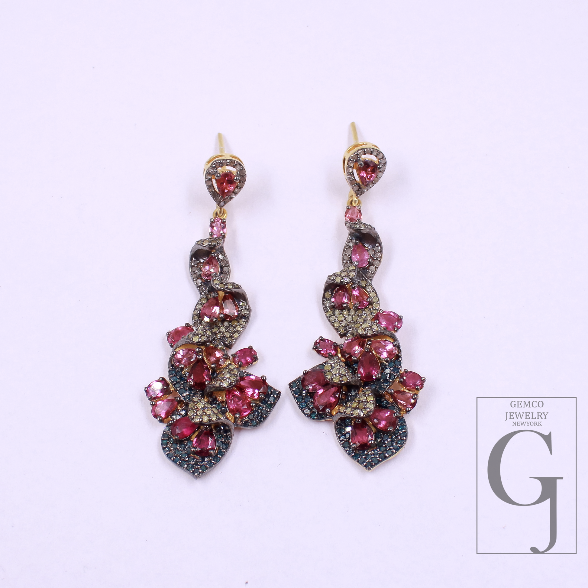 Pink Tourmaline, Blue Sapphire Earrings With Pave Diamonds, Vermeil Gold In 925 Sterling Silver Handmade Earrings For Her