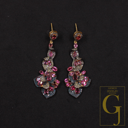 Pink Tourmaline, Blue Sapphire Earrings With Pave Diamonds, Vermeil Gold In 925 Sterling Silver Handmade Earrings For Her