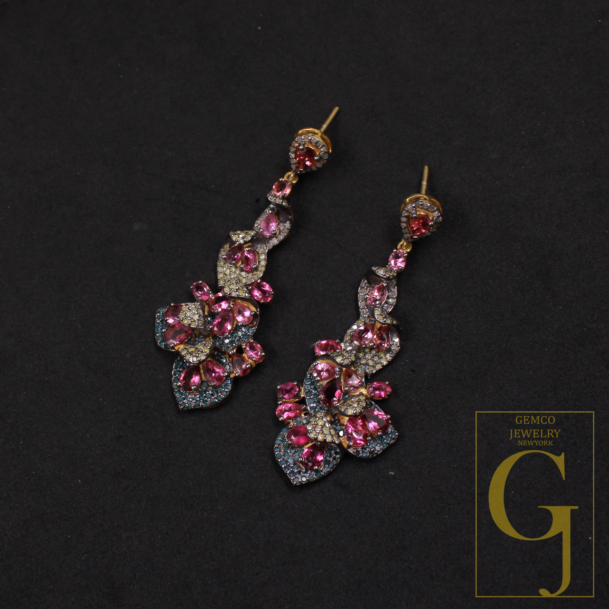 Pink Tourmaline, Blue Sapphire Earrings With Pave Diamonds, Vermeil Gold In 925 Sterling Silver Handmade Earrings For Her