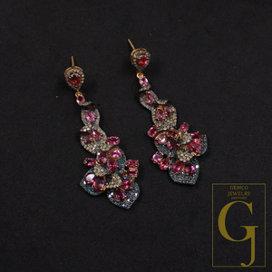 Pink Tourmaline, Blue Sapphire Earrings With Pave Diamonds, Vermeil Gold In 925 Sterling Silver Handmade Earrings For Her