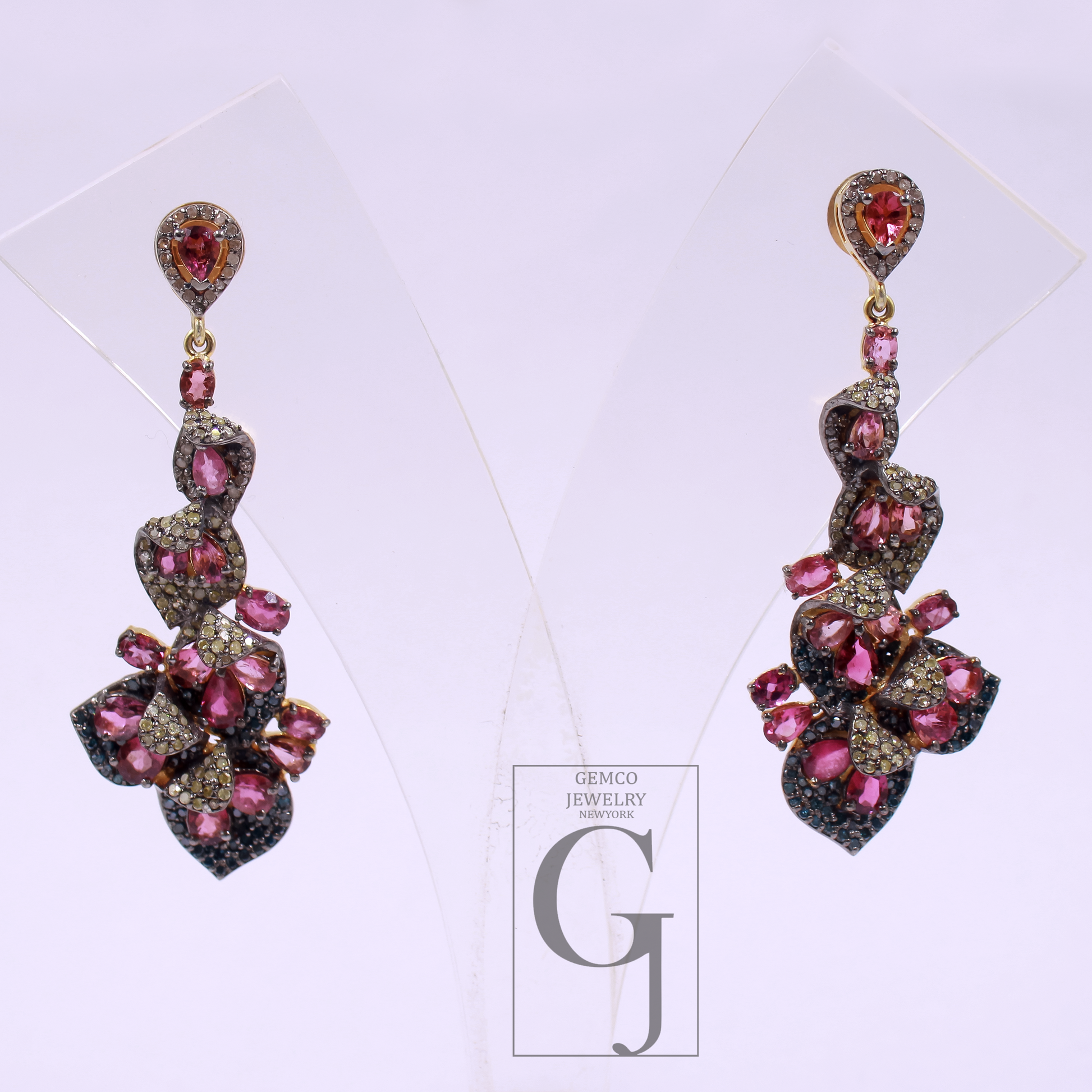 Pink Tourmaline, Blue Sapphire Earrings With Pave Diamonds, Vermeil Gold In 925 Sterling Silver Handmade Earrings For Her