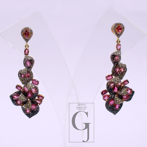 Pink Tourmaline, Blue Sapphire Earrings With Pave Diamonds, Vermeil Gold In 925 Sterling Silver Handmade Earrings For Her