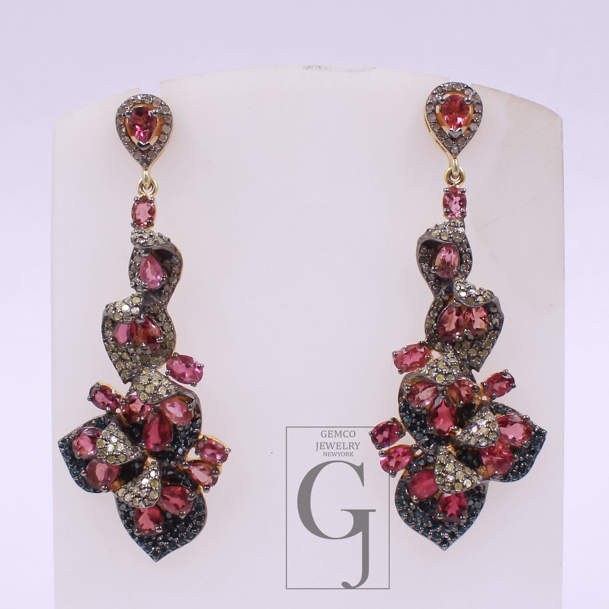Pink Tourmaline, Blue Sapphire Earrings With Pave Diamonds, Vermeil Gold In 925 Sterling Silver Handmade Earrings For Her