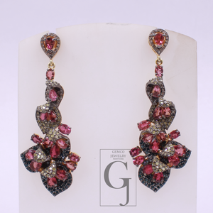Pink Tourmaline, Blue Sapphire Earrings With Pave Diamonds, Vermeil Gold In 925 Sterling Silver Handmade Earrings For Her