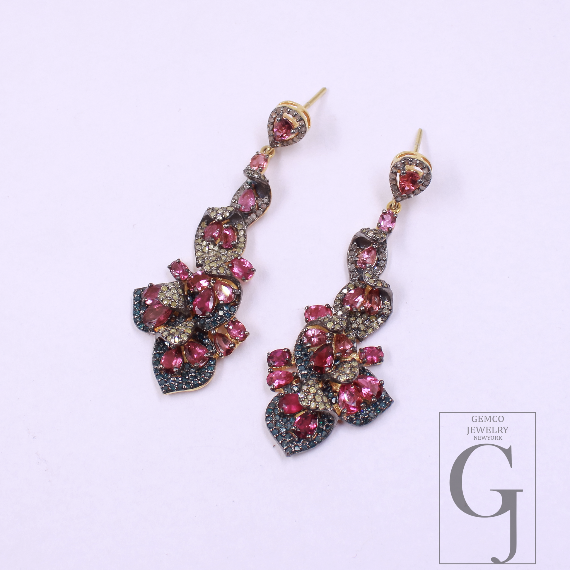 Pink Tourmaline, Blue Sapphire Earrings With Pave Diamonds, Vermeil Gold In 925 Sterling Silver Handmade Earrings For Her
