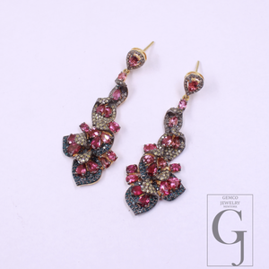 Pink Tourmaline, Blue Sapphire Earrings With Pave Diamonds, Vermeil Gold In 925 Sterling Silver Handmade Earrings For Her