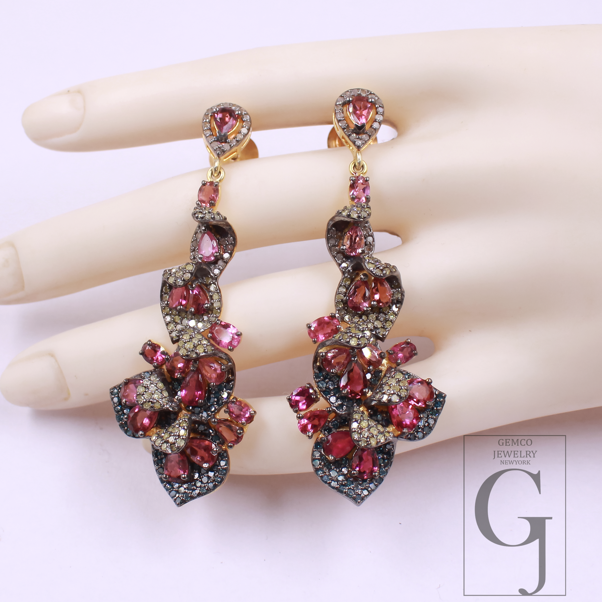 Pink Tourmaline, Blue Sapphire Earrings With Pave Diamonds, Vermeil Gold In 925 Sterling Silver Handmade Earrings For Her