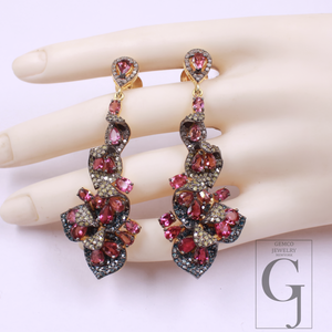 Pink Tourmaline, Blue Sapphire Earrings With Pave Diamonds, Vermeil Gold In 925 Sterling Silver Handmade Earrings For Her