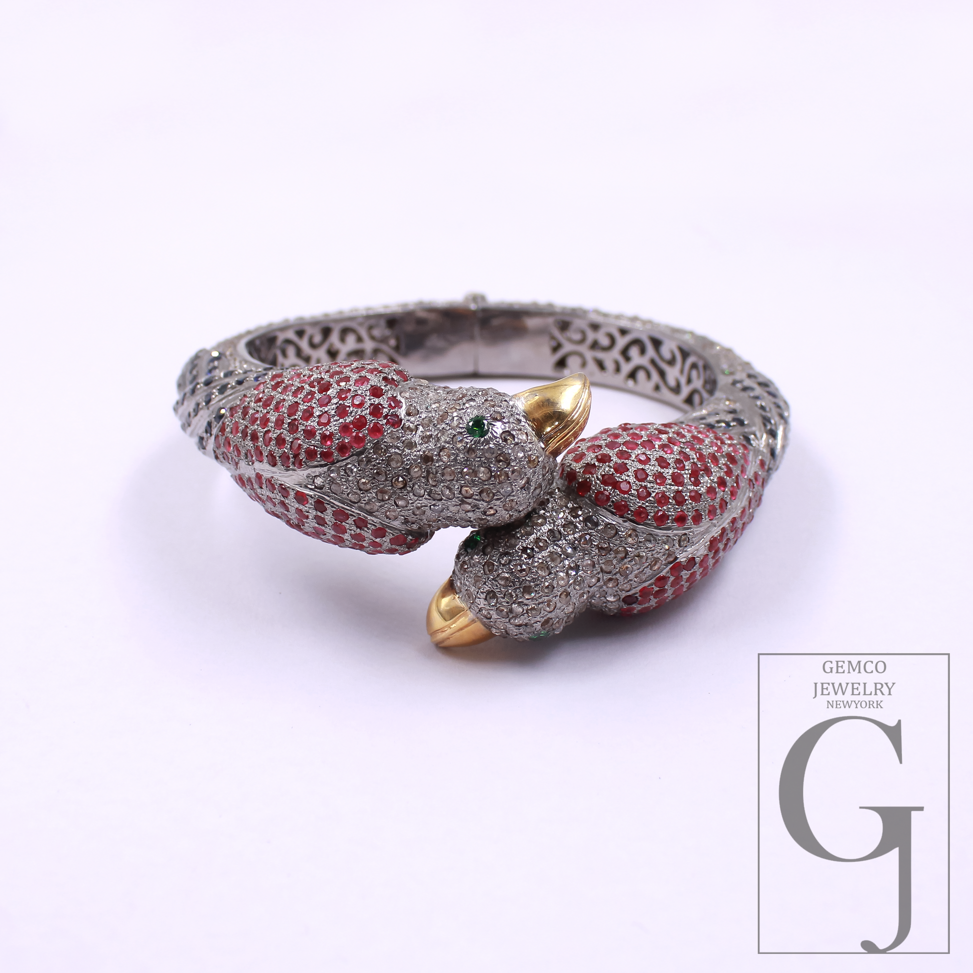 Luxury Parrot Cuff Bracelet, Ruby Diamond Bird Bangle, Exotic Animal Jewelry, Statement Hinged Bracelet Gift for Women