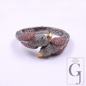 Luxury Parrot Cuff Bracelet, Ruby Diamond Bird Bangle, Exotic Animal Jewelry, Statement Hinged Bracelet Gift for Women
